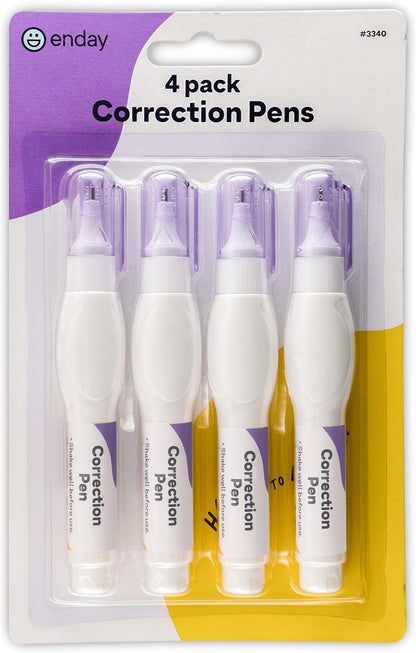 Correction Pen (4 Pack) White Out Pen - 0.2 Fl Oz (7 Ml) Metal Tip Whiteout Pen, White Out Pens by Enday
